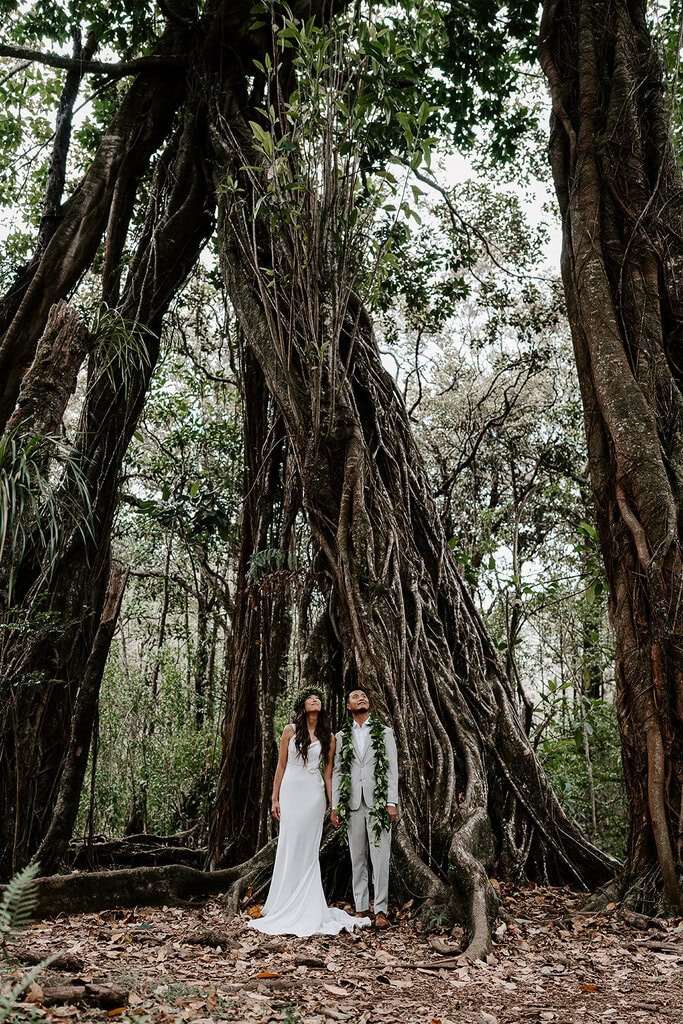 newlyweds looking up toward the sky in a jungle during their Big Island elopement.