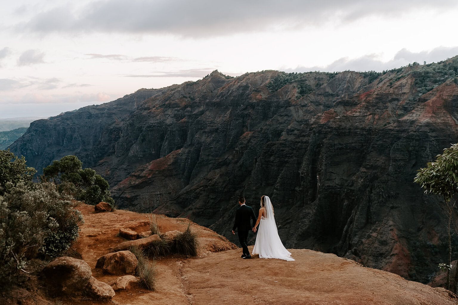 newlyweds holding hands overlooking waimea canyon.