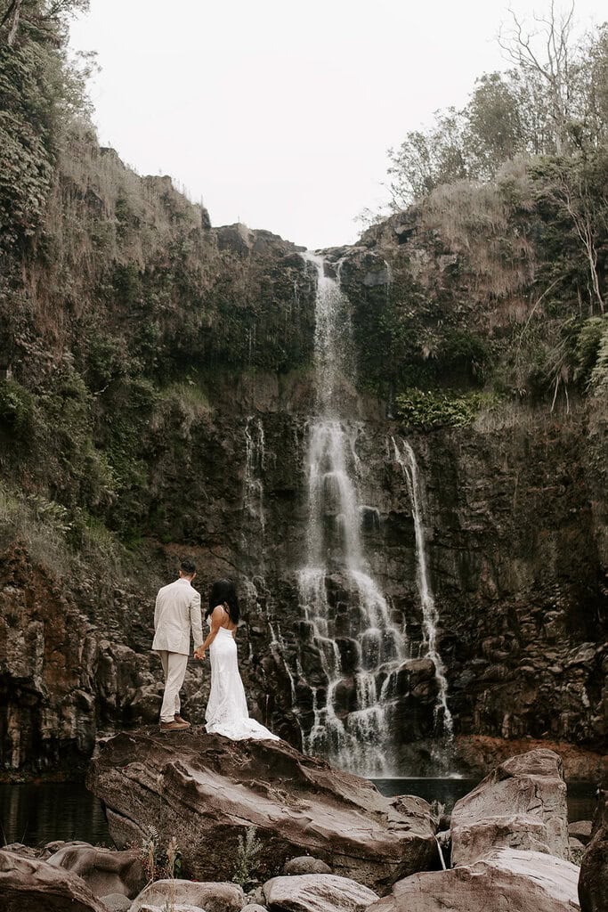 Newlyweds holding hands taking in a beautiful waterfall.