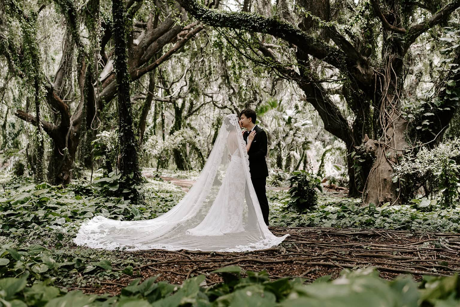 Newlyweds kissing in the jungle in Maui.
