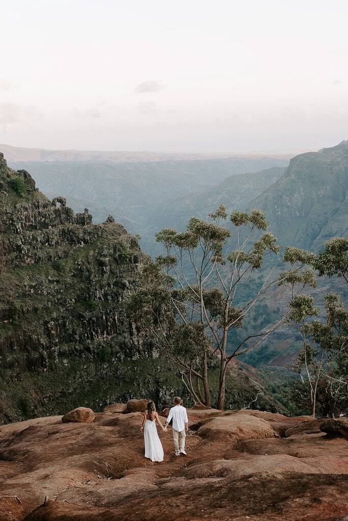 Newlyweds holding hands taking in an expansive view of waimea canyon.