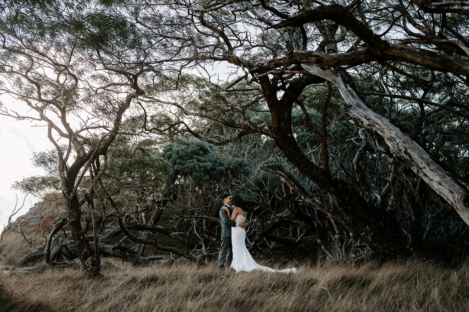 newlyweds kissing in a forest outside of waimea canyon. 